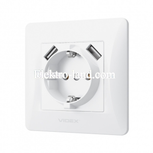 Розетка одинарная с заземлением и 2USB белая Videx Binera 